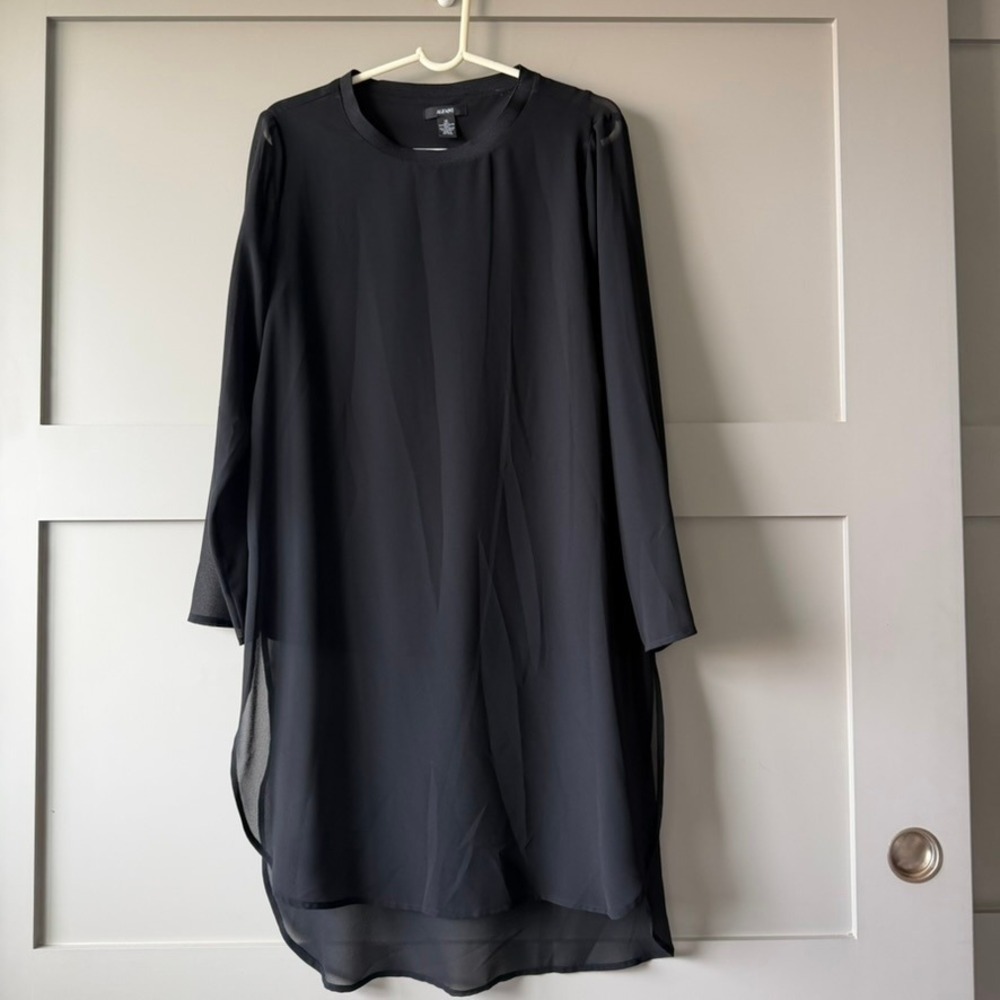 Alfani Layered Long Tunic Womens 16 Black Sheer Chiffon High Low Long Sleeve Top